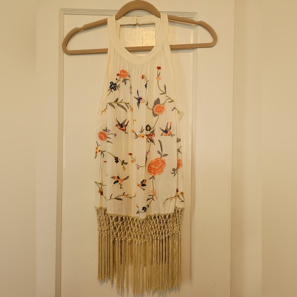 Embroidered Anthropologie Top with Fringe